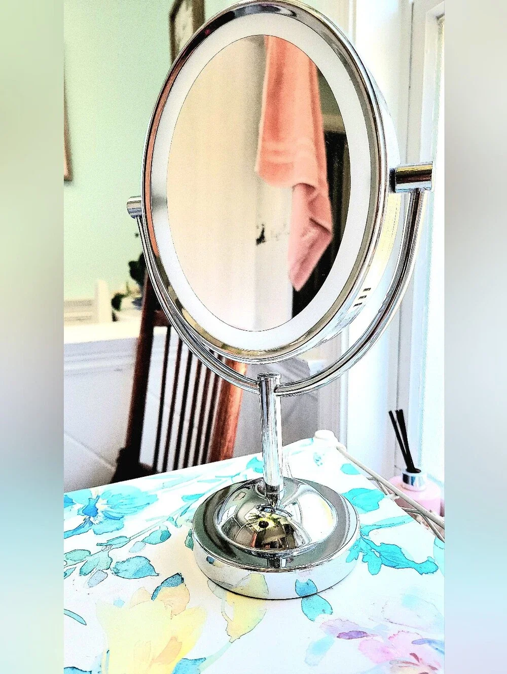 Chrome LED Lighted Makeup Mirror with Adjustable Tilt